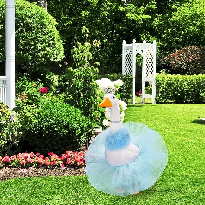 4 Pcs Princess Porch Goose Outfit for 23" 17" Cement Lawn Goose Costume Crown Necklace Tutu Skirt Feather Trim(Blue)