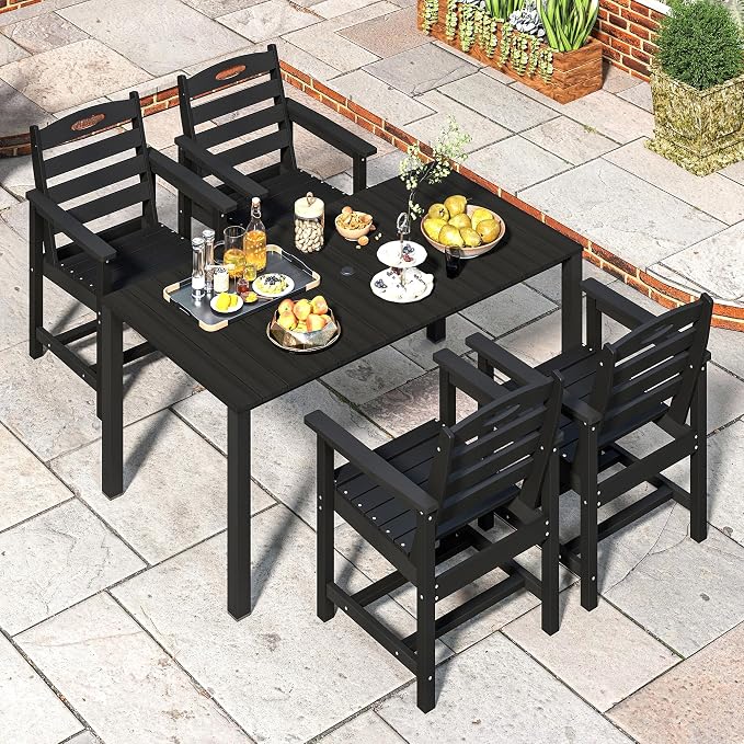 Domi HDPE Outdoor Dining Set, All-Weather 5 Piece Outdoor Dining Table Set with 2" Umbrella Hole, Outdoor Patio Dining Set for Garden, Poolside, Backyard, Deck, Black