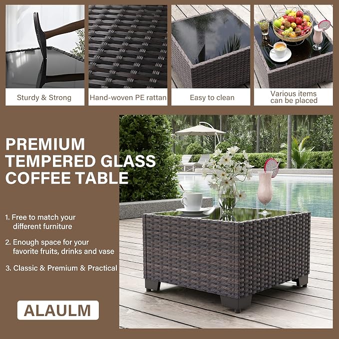 ALAULM 15 Pieces Patio Furniture Set with Aluminum Fire Pit Table Outdoor Furniture Sets 55000BTU Gas Fire Pit Brown PE Rattan Wicker Patio Conversation Sets w/12 Cushions (Dark Blue)
