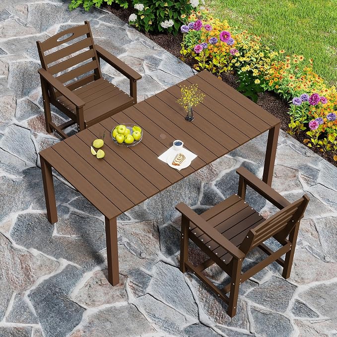 Domi HDPE Outdoor Dining Set, All-Weather 3 Piece Outdoor Dining Table Set with 2" Umbrella Hole, Outdoor Patio Dining Set for Garden, Poolside, Backyard, Deck, Brown