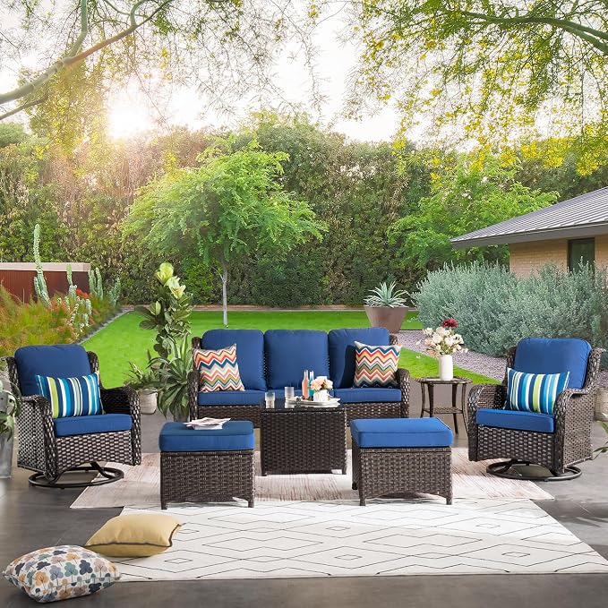 ovios 7 Pieces Patio Furniture Set with Swivel Rocking Chairs, Outdoor Wicker Sofa Couch Glass Coffee Table, All Weather High Back Modern Conversation Set, Brown Rattan, Navy Blue
