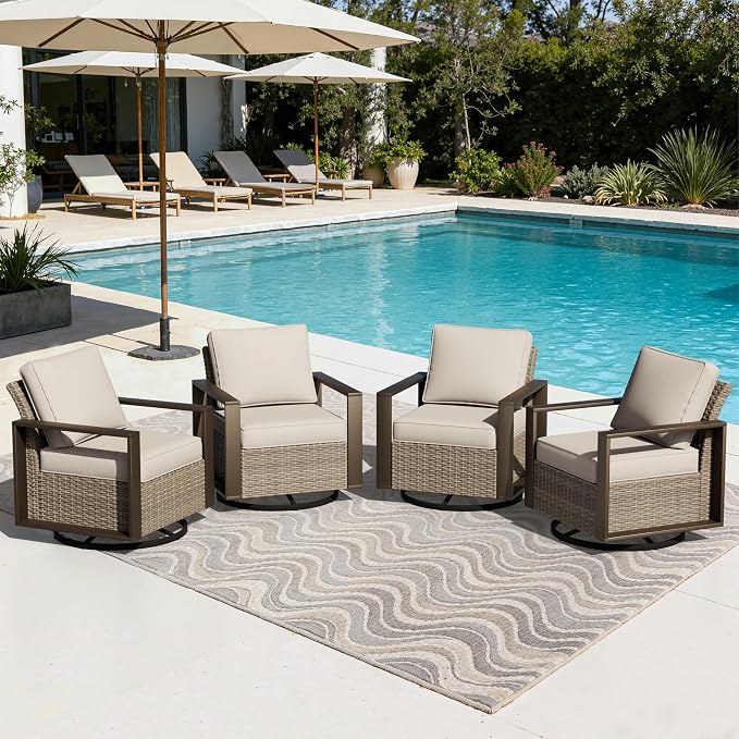 Joyside Outdoor Patio Swivel Rocker Chairs Set, 4 Pieces Wicker Rattan Chairs with Metal Wide Armrest, Thick Cushions and Deep Seating for Garden, Backyard, Porch, Deck