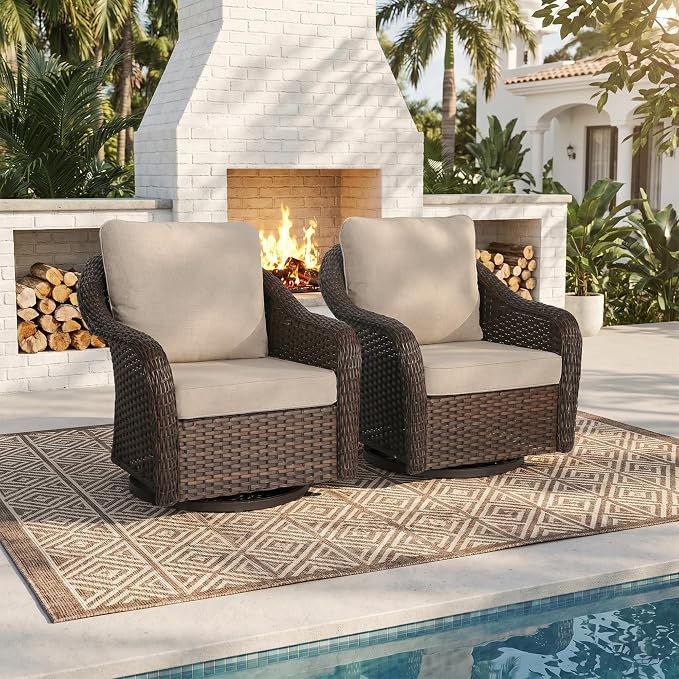 Outdoor Wicker Swivel Chair Set of 2, All-Weather Use Patio Rattan Chair with Seat and Back Cushion, Ideal for Porch, Backyard, Balcony, Poolside, Beige