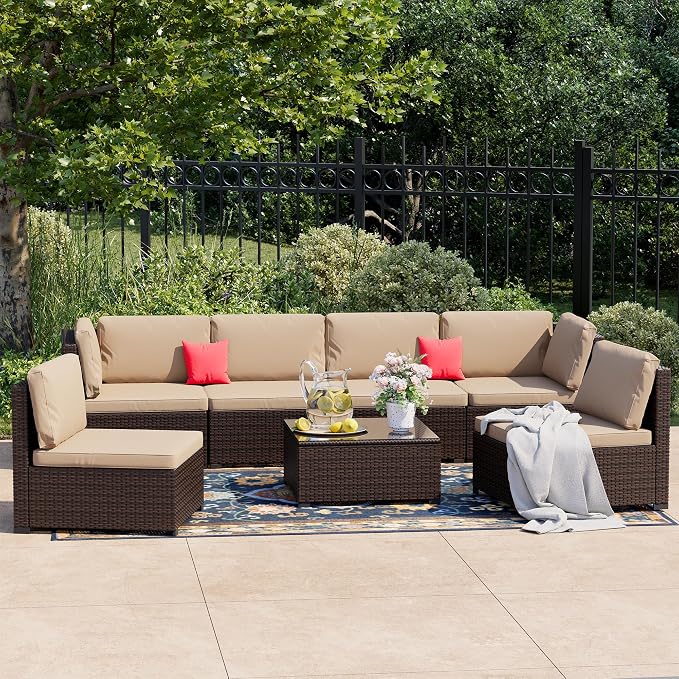 LHBcraft 7 Pieces Outdoor Patio Furniture Sets,PE Rattan Wicker Patio Conversation Set with Tea Table,Patio Sectional with Thick Cushions,Outdoor Furniture for Garden, Deck