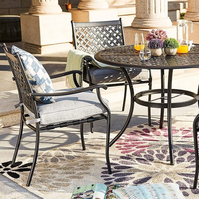 Garden Elements 5-Piece Outdoor Patio Dining Set – 42" Round Table with Umbrella Hole & 4 Armrest Chairs with Cushions – Weather-Resistant Steel, Black/Gray