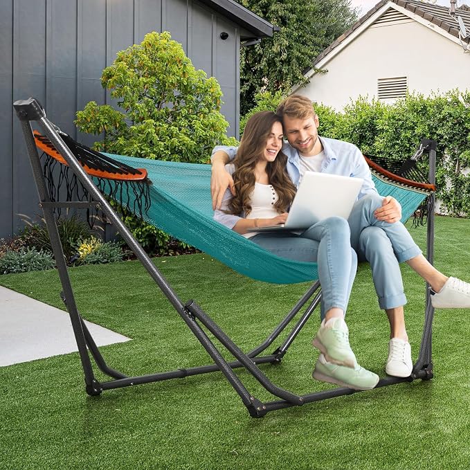 Goutime Collapsible Hammock Stand with Carry Bag, 550lbs,Portable,Sky Blue | 3 level adjustable up to 10ft, double layer hammock net, fits indoor, yard, camping, and outdoor use