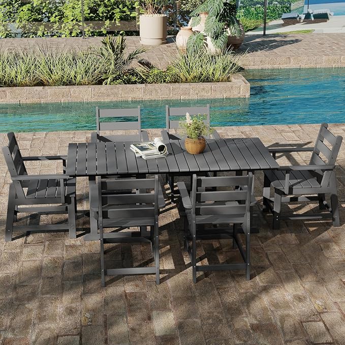 GREENVINES Outdoor-Dining-Table | 75” | HDPE | 2 Connectable Square Tables for 6 | Slatted | All-Weather | Patio Furniture | for Poolside Backyard Garden | Grey