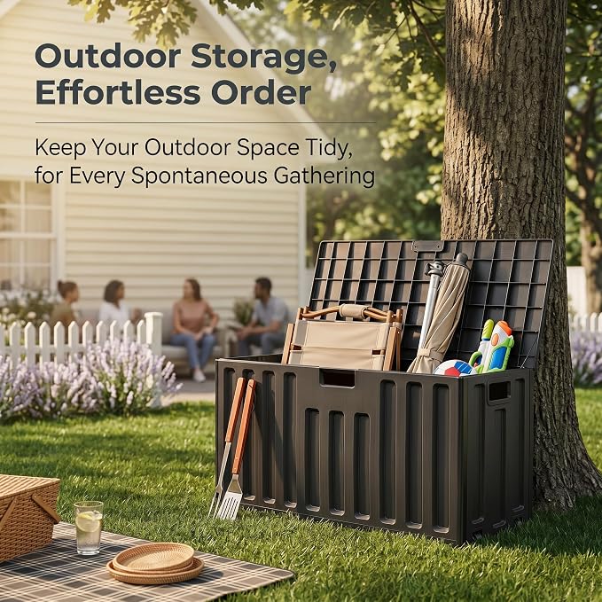 76 Gallon Outdoor Deck Box with Wheels & Lockable Lid - Waterproof UV Resistant Resin Storage Box, Patio Bench Container for Garden Tools, Pool Accessories, Backyard Porch & Patio Cushions (Black)
