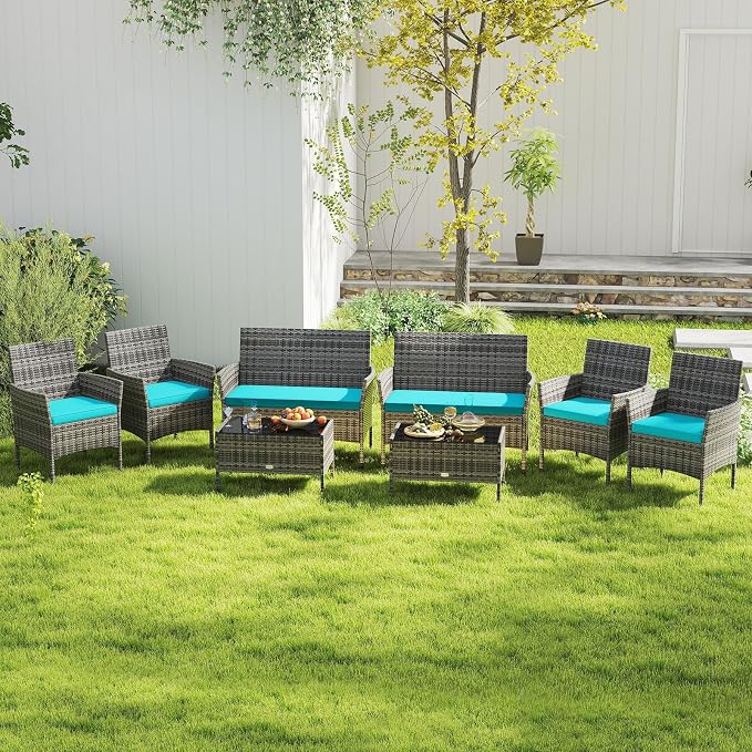 RELAX4LIFE 4-Piece Patio Furniture Set - Rattan Outdoor Conversation Bistro Set w/Cushions, Glass Coffee Table, Wicker Chairs & Loveseat for Garden Backyard Porch Balcony (1, Mix Grey-Turquoise)