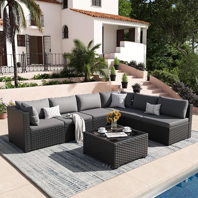 Patio Furniture Set, 7-Piece Outdoor Sectional All-Weather Wicker Patio Conversation Set for Backyard, Garden, Grey