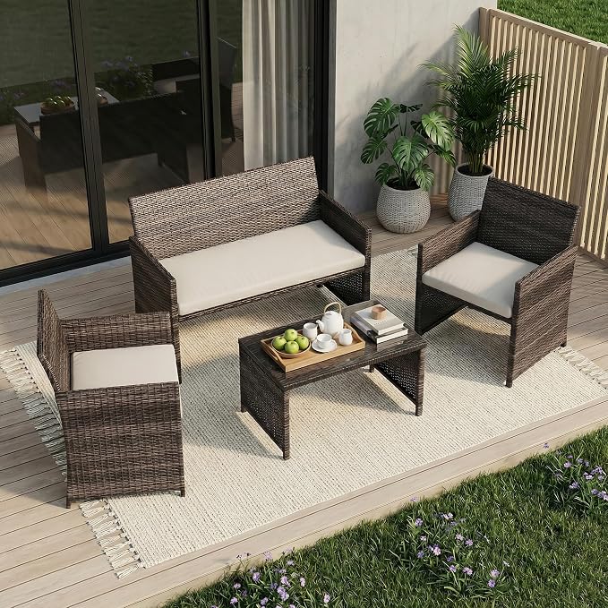 IDEALHOUSE 4 Piece Outdoor Wicker Patio Furniture Set, with Coffee Table & Seat Cushions for Backyard, Porch Seating