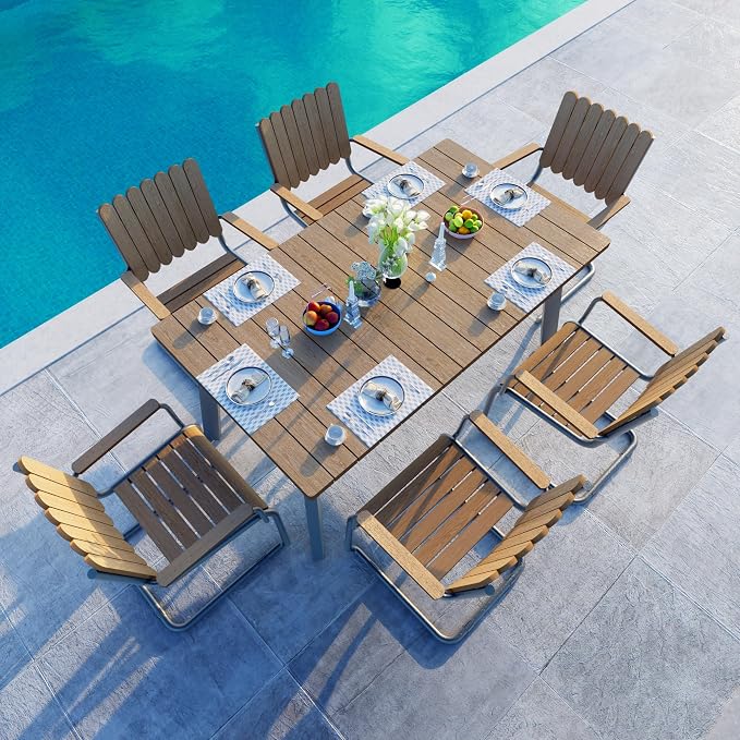 7 Pieces Outdoor Dining Set for 6, Patio Table and Chairs Set with Umbrella Hole, All-Weather HDPE Outdoor Furniture Sets for Backyard Poolside Lawn Garden (Gray & Teak)