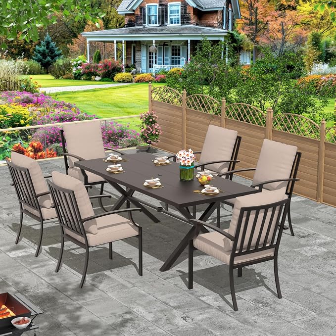 7-Piece Patio Dining Set Outdoor Conversation Set,Metal Outdoor Furniture Set with Umbrella Hole Cut-Out 78.7" x 35.4" Table and 6 Metal Backrest Chairs for Backyard,Garden,Sand