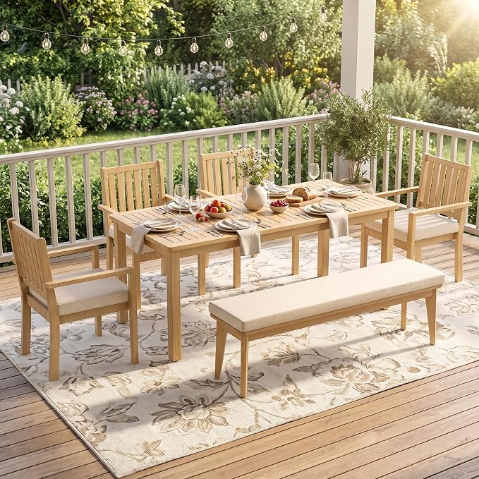 FansaFurn 6 Pieces Acacia Outdoor Patio Table and Chairs Set for All-Weather, Outside Furniture with Table Umbrella Hole and Removable Cushion for 6, Outdoor Patio Furniture Set for Garden, Brown