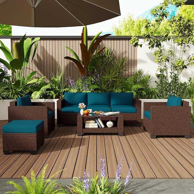 KIGOTY Patio Furniture Set 7 PCS Patio Conversation Sets, All-Weather PE Rattan Outdoor Sectional Sofa with Cushion and 2- Tier Glass Coffee Table(Brown/Peacock Blue)