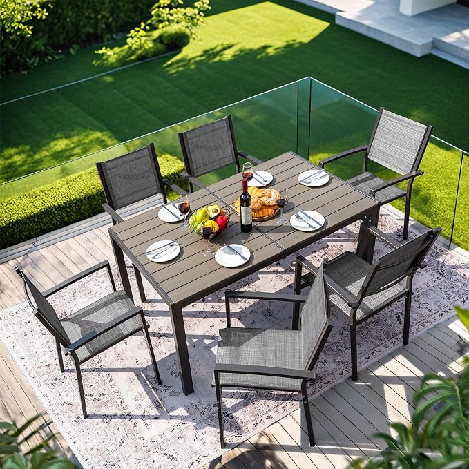 GUNJI 7 Piece Patio Furniture Set,Outdoor Dining Set with 6 Stackable Textilene Chairs and 60" Rectangular Table,Family Conversation Set for Garden Backyard Deck (Gray)