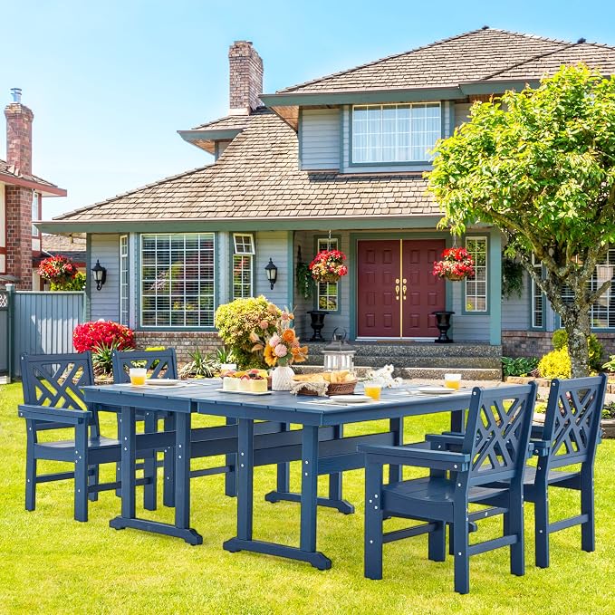 HDPE Outdoor Dining Set,6-Piece Outdoor Table and Chairs Include 4 Dining Chairs and 2 Pcs 62.5" Patio Dining Table with Umbrella Hole (Blue)