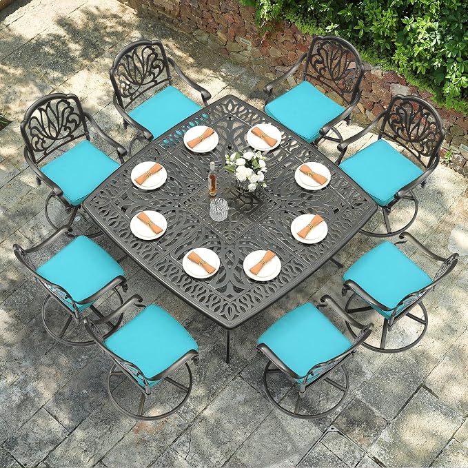 VIVIJASON 9-Piece Outdoor Furniture Dining Set for 8, All-Weather Cast Aluminum Patio Table and Chairs Set with 8 Swivel Rocker Chairs, 64" Large Square Dining Table with Umbrella Hole, Ocean Blue