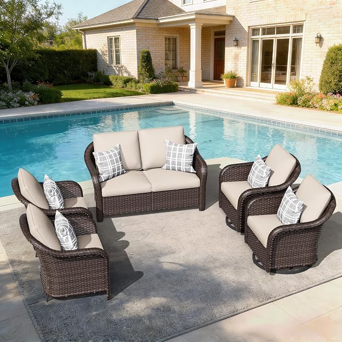 5 PCS Outdoor Conversation Set | 55" Couch, 2 Chairs, 2 Swivel Chairs, Patio Wicker Conversation Furniture with Removable Cushions for Bistro, Deck, Sunroom (Beige)