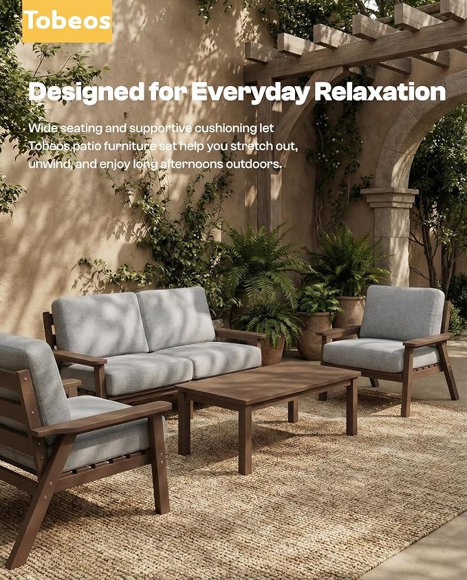 2 Piece HDPE Outdoor Furniture Set with Gray Cushions (Brown Frame) | All-Weather HDPE, Modular Design, Extra-Deep Seating, Thick Cushions, Ideal for Backyard, Deck & Porch