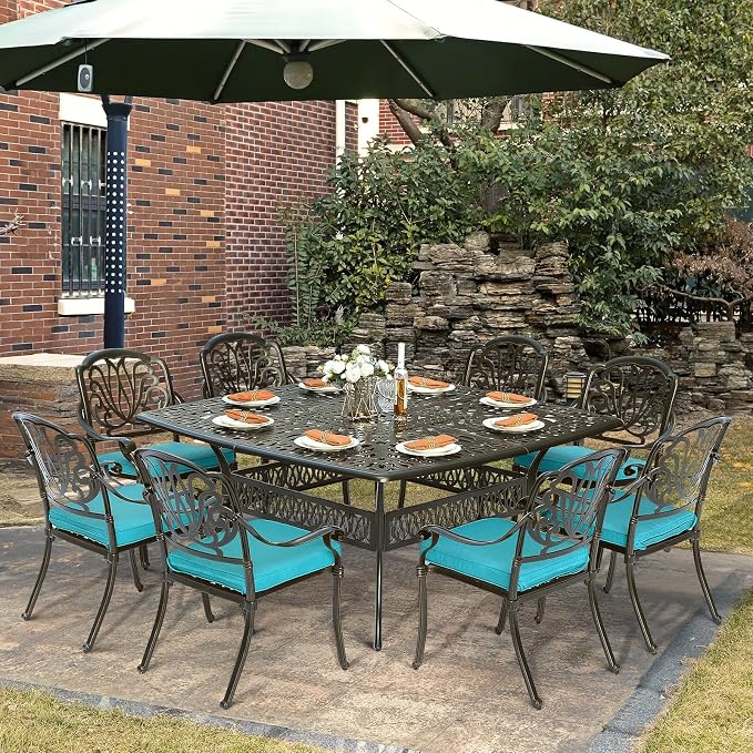 9-Piece Patio Cast Aluminum Dining Set, Outdoor Dining Furniture Set for 8 Person, Includes 64" Square Table and 8 Cushioned Chairs with Umbrella Hole for Patio Deck Garden, Ocean Blue