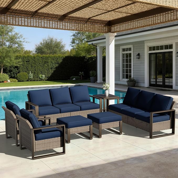 Joyside Outdoor Patio Chairs, 7 Pieces Wicker Rattan Furniture Set, 2 Patio Chairs, 2 Sofa, 2 Ottoman and 1 Table, Metal Wide Armrest, Thick Cushions and Deep Seating for Garden, Backyard, Porch
