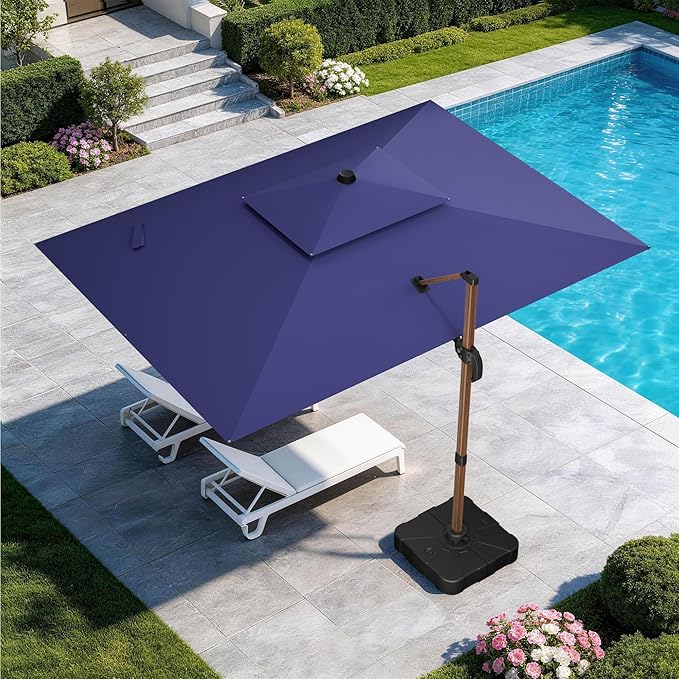 GENTEACO 10x13FT Wood Pattern Cantilever Patio Umbrella, Double Top Rectangle Offset Umbrella 7 Angle Tilts & 360° Rotation, Large Heavy Duty Outdoor Sun Umbrella for Pool Market, Navy Blue