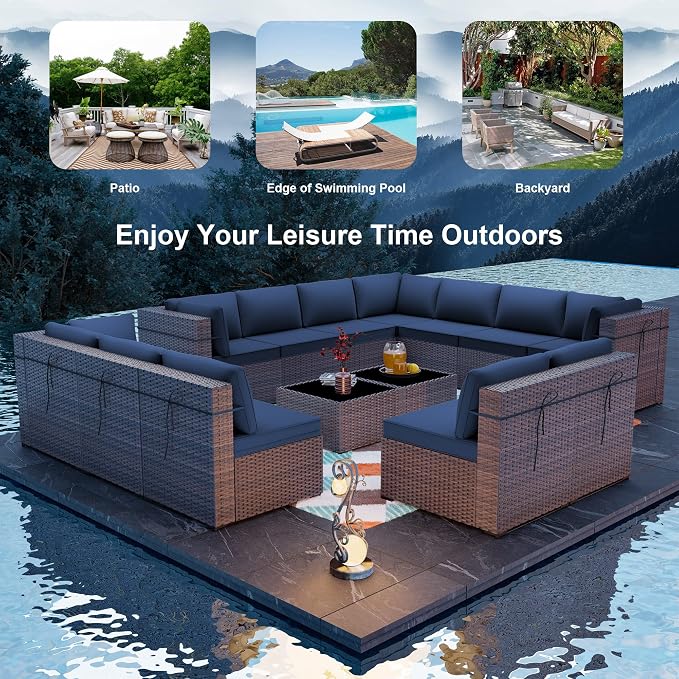 ALAULM Patio Furniture Set with Coffee Table, 14 Pieces Outdoor Sectional with Wide Seat and Thick Cushion, All Weather Wicker Rattan Conversation Set for Backyard, Garden, Deck, NavyBlue