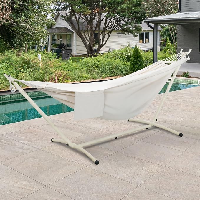 Lazy Daze Portable Hammock with Stand, Free Standing Hammock for Indoor Outdoor Patio Yard, Portable Hammock Has a Carrying Bag and Pillow, Hamacas Heavy Duty 2 Person Amaca 450 lbs Capacity (White)
