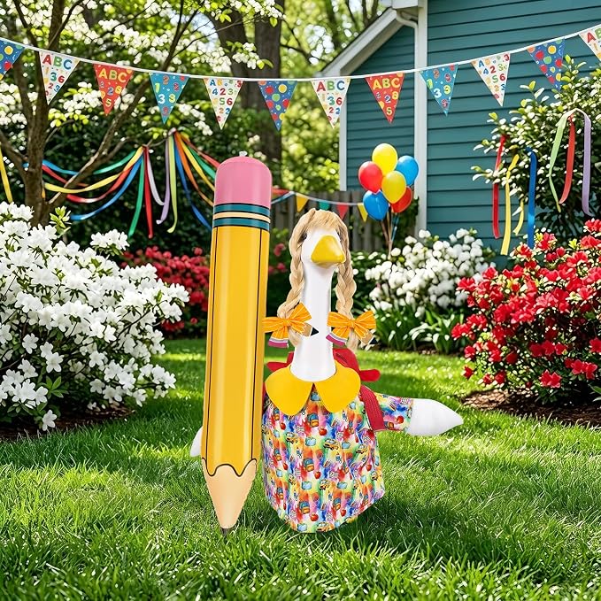 23" Back to School Porch Goose Outfit, Curly Wig (Statue not Included) | Complete 6 piece back to school goose set, Wavy unbraided wig + dress + pencil clips + inflatable pencil + red bag + tape