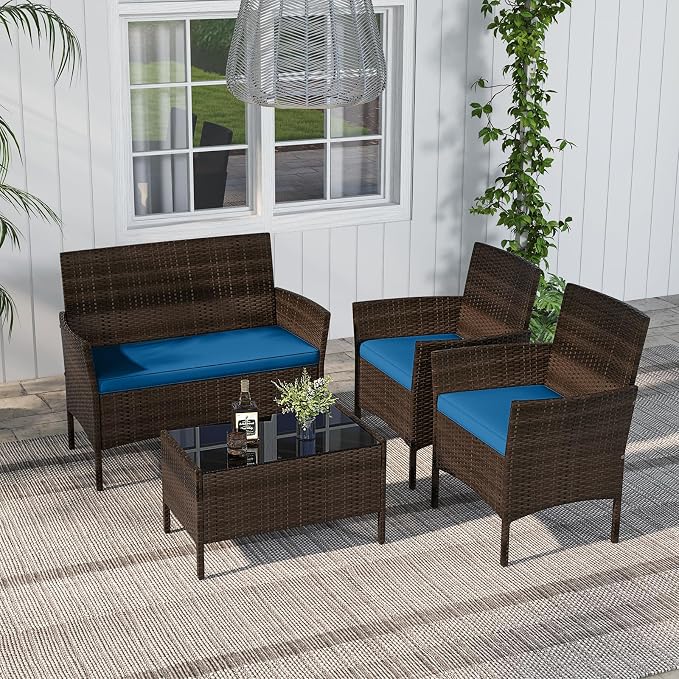 RELAX4LIFE 4-Piece Patio Furniture Set - Rattan Outdoor Conversation Bistro Set w/Cushions, Glass Coffee Table, Wicker Chairs & Loveseat for Garden Backyard Porch, Balcony Furniture Set (1, Peacock)