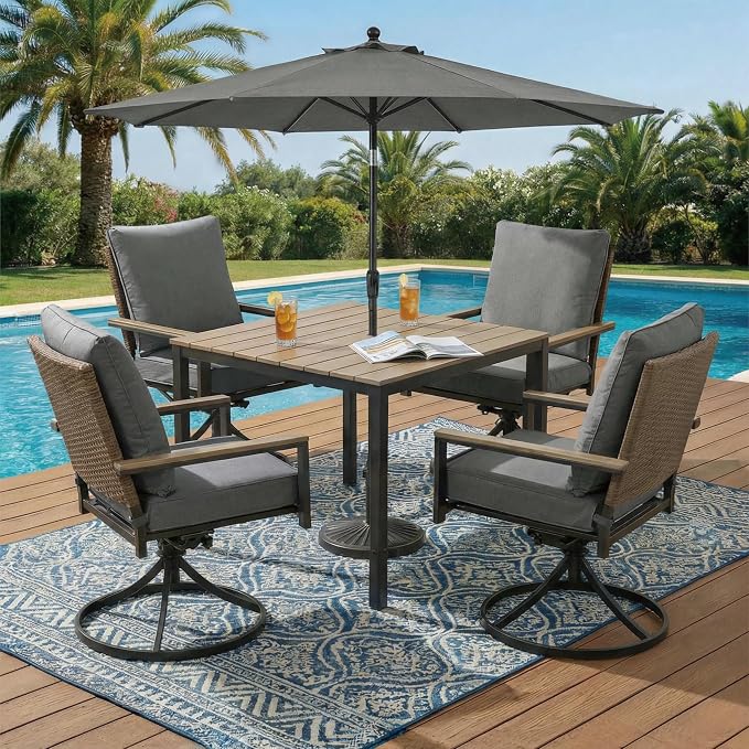 5-Piece Patio Dining Set, 4 Swivel Chairs with Removable Thickened Cushions & Square Table with Umbrella Hole, All-Weather Furniture for Backyard, Garden & Lawn, Grey