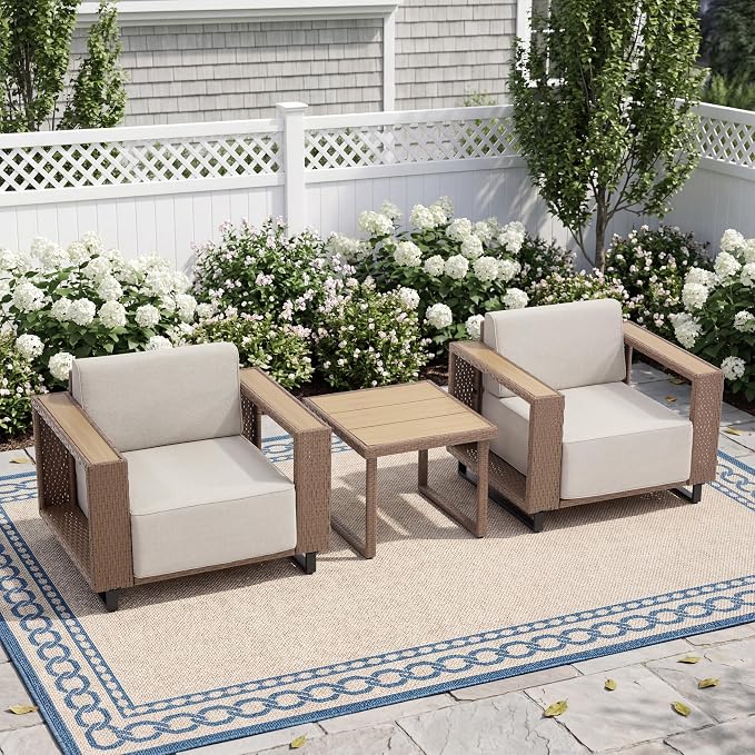 Bonzy Home Wicker Patio Chairs Set of 2 with Rattan Side Table, Rattan Outdoor Accent Chairs with Extra-Thick Soft Cushions, Patio Conversation Sets for Porch, Garden Poolside Balcony