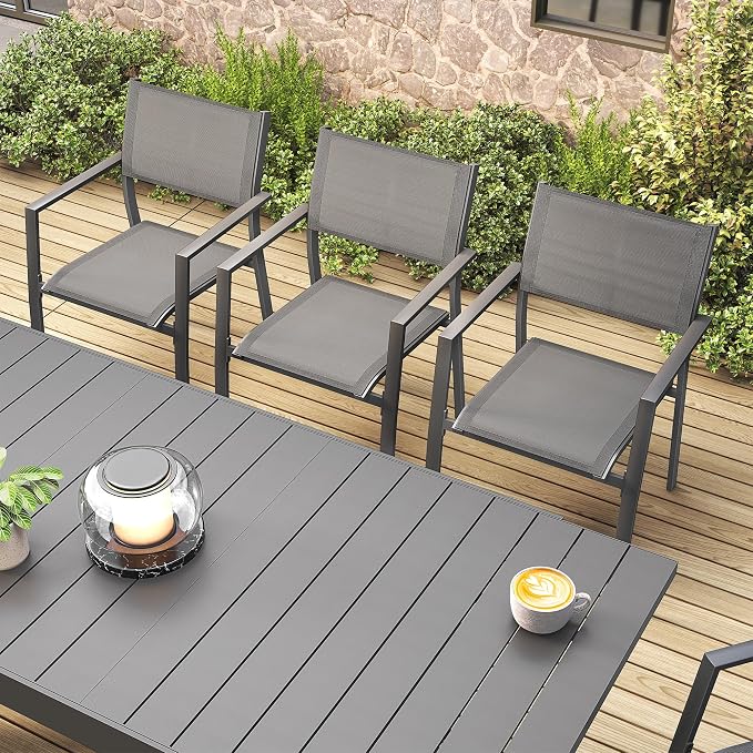 Outdoor Dining Set, 9 Piece Expandable Patio Dining Table and Textilene Chairs Set, Aluminum Patio Furniture Set for Table with Umbrella Hole and 8 Chairs for Patio, Garden, Lawn(Black)