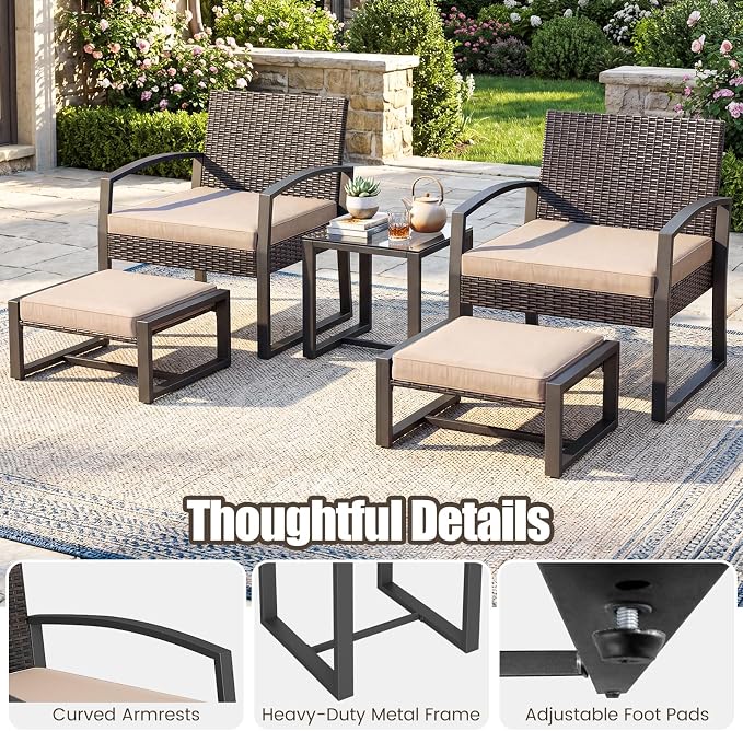 Tangkula 5 Pieces Wicker Patio Conversation Set, Outdoor PE Rattan Chair with Ottoman Set with Glass Side Table, 2-Person Small Balcony Furniture Seating Set with Cushions for Porch, Backyard, Deck