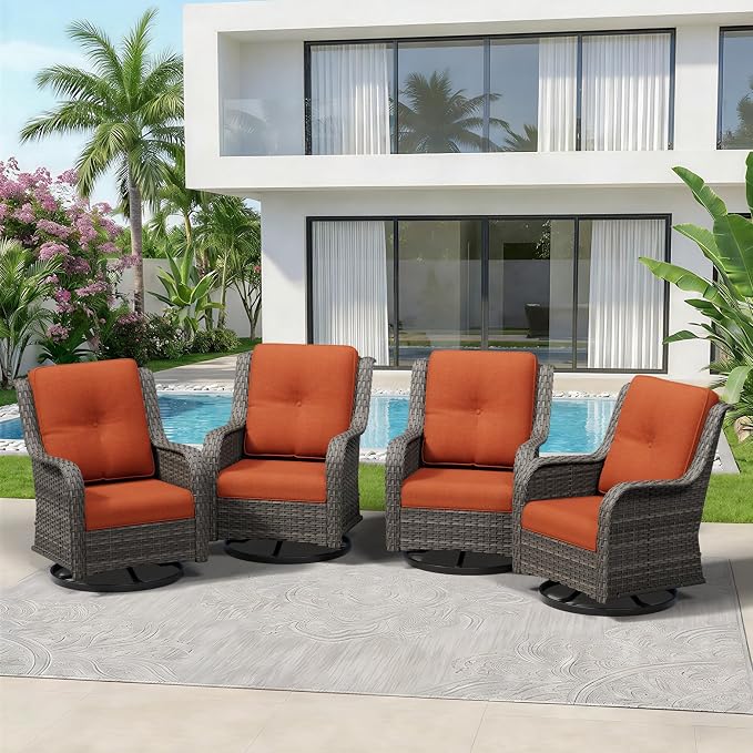 4 Piece Outdoor Swivel Rocker Patio Chairs Set, Patio Chairs Set of 4 with Thickened Olefin Cushions, High Back and Deep Seating, Hand-Woven PE Rattan for Porch, Deck, Orange