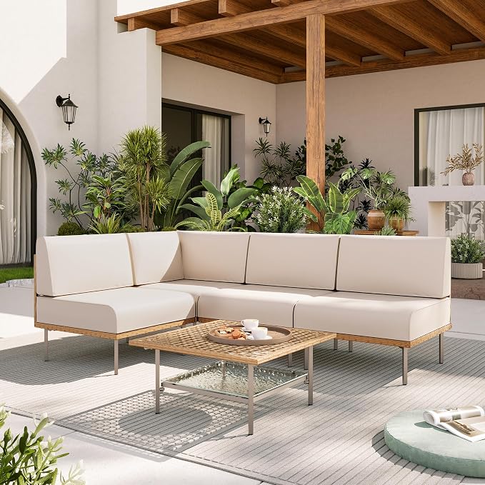LAUSAINT HOME 5-Piece Outdoor Patio Furniture Set, Wicker Outdoor Conversation Set PE Rattan Sectional Sofa with Washable Cushions and Tempered Glass Table for Garden (Beige)