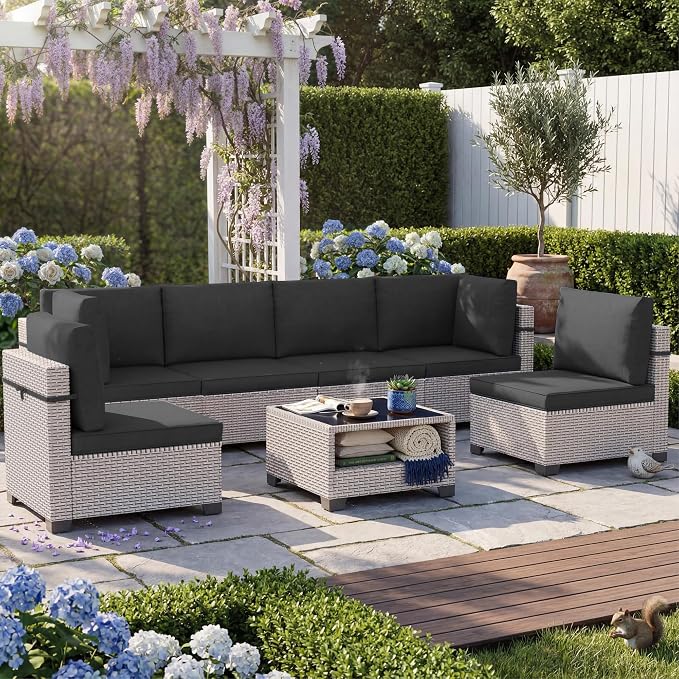 Patio Furniture Set, 14-Piece Outdoor Sectional Sofa with 2-Layer Glass Coffee Table, Wicker Patio Conversation Set with Black Cushions for Backyard, Poolside, Porch