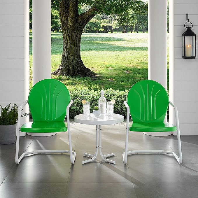 Crosley Furniture Griffith 3-Piece Outdoor Chair and Side Table Set, Retro Metal Bistro Patio Sets for Porch, Grasshopper Green