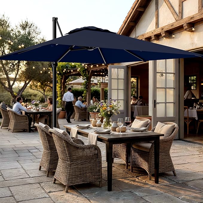 AreShark 10 × 10FT Square Cantilever Patio Umbrella with Base Included, 360° Rotation Offset Outdoor Umbrella, 5 Tilt Settings Heavy Duty Hanging Parasol for Deck Garden Pool, Navy