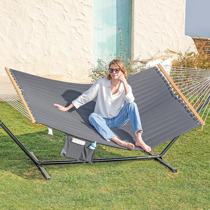 GAFETE 2 Person Hammock with Stand for Outside, Heavy Duty Steel Stand, 55inch Double Hammocks, Large Removable Pillow, Storage Bags, Max 475 lbs Capacity (Dark Grey)
