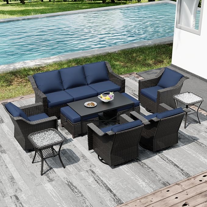 Joyside Wicker Patio Furniture Sets, 10 Pieces Upgraded Large Size Outdoor Furniture with 4 Swivel Rocking Patio Chairs, 3-Seat Sofa, Outdoor Ottoman, Thick Cushions, Wide Armrest, Blue