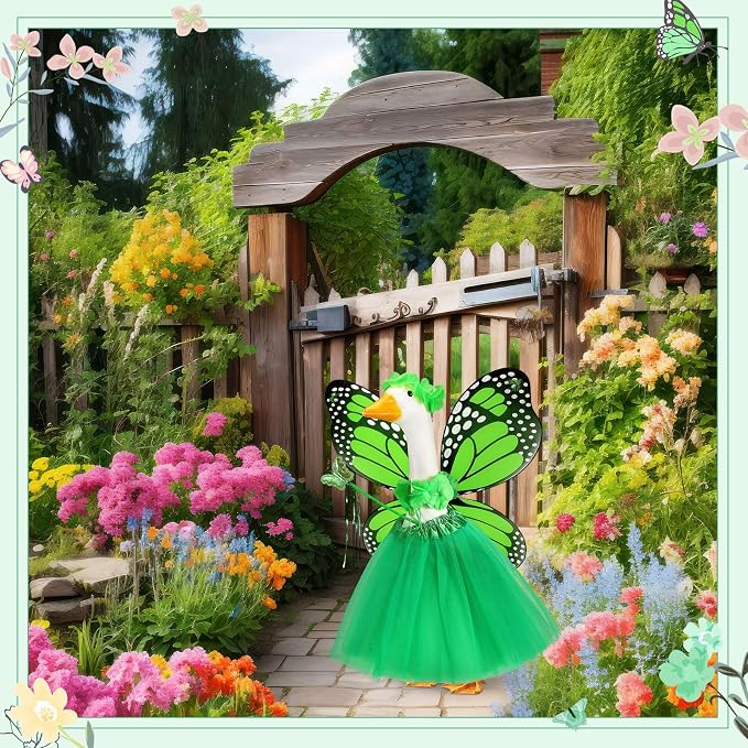 5pcs Butterfly Porch Goose Outfit Costume Tutu Skirt Butterfly Wing Wand Flower Crown for 17‘' 23‘' Cement Goose