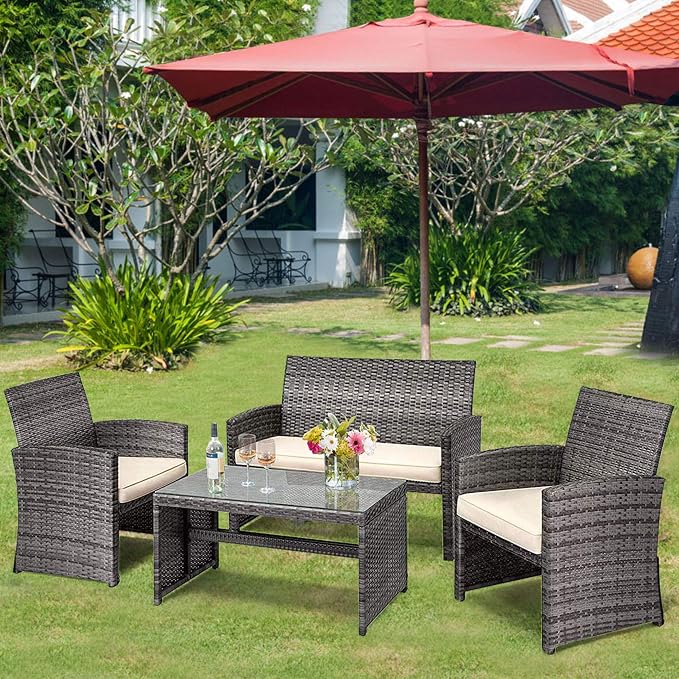 DORTALA 4 Piece Patio Furniture Set, Outdoor Wicker Conversation Set with Soft Cushions & Tempered Glass Coffee Table, Rattan Patio Sofa Bistro Sets for Courtyard Balcony, Beige