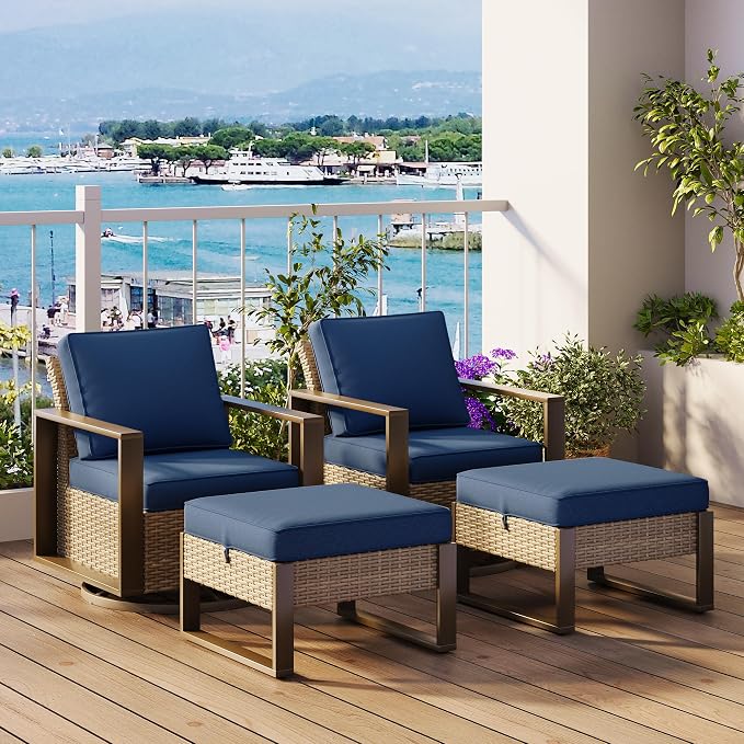 Outdoor Wicker Metal Chairs Set of 2 with Two Ottomans, 360 Degree Glider Rockers Armchairs, 4 Pieces Patio Bistro Set with Wood-Looking Metal Armrest for Poolside, Terrace, Dark Blue