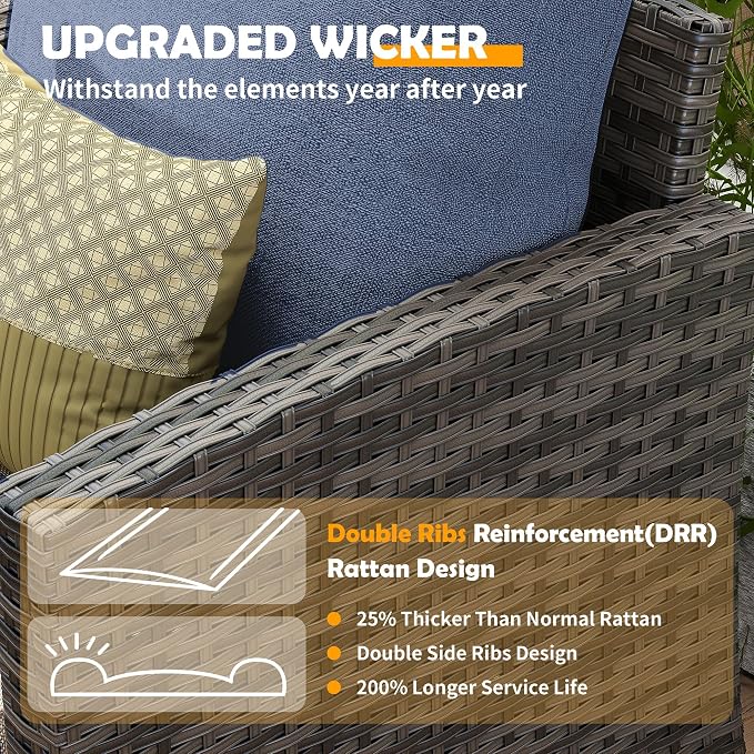 UDPATIO Patio Furniture Set with 44" Fire Pit Table, 6 Pieces Outdoor Sectional Conversation Sets, All-Weather Wicker Rattan Sofa Ottoman with 4" Thick Cushion for Garden Backyard Poolside, Navy Blue