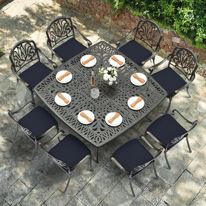 VIVIJASON 9-Piece Outdoor Furniture Dining Set for 8, All-Weather Cast Aluminum Patio Table and Chairs Set with 8 Cushioned Chairs, 64" Large Square Dining Table, 2.2" Umbrella Hole, Navy Blue
