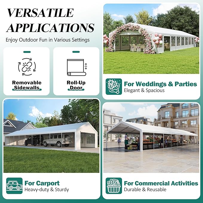 GARTOO 20' x 60' Canopy Party Tent & Carport - Heavy Duty Outdoor Wedding Gazebo with 5 Storage Bags & 4 Sand Bags, Event Shelter Canopy for Outdoor Event, Wedding, Birthday Party