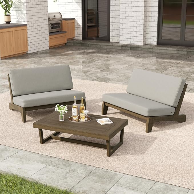 3 Pieces Patio Furniture Sets, All-Weather Outdoor Wood Bistro Set Patio Conversation Coffee Table Chiars and Patio Loveseat for Balcony, Backyard