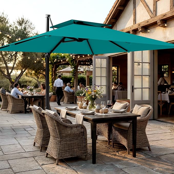 AreShark 10×10FT Double-Top Cantilever Patio Umbrella with Base Included, Offset Umbrella with 360 Degree Rotation, Heavy Duty Patio Umbrella for Garden Deck Pool, 5 Tilt Angles, Turquoise Blue